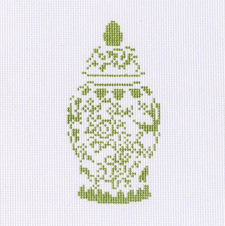 Green and White Ginger Jar Needlepoint Canvas