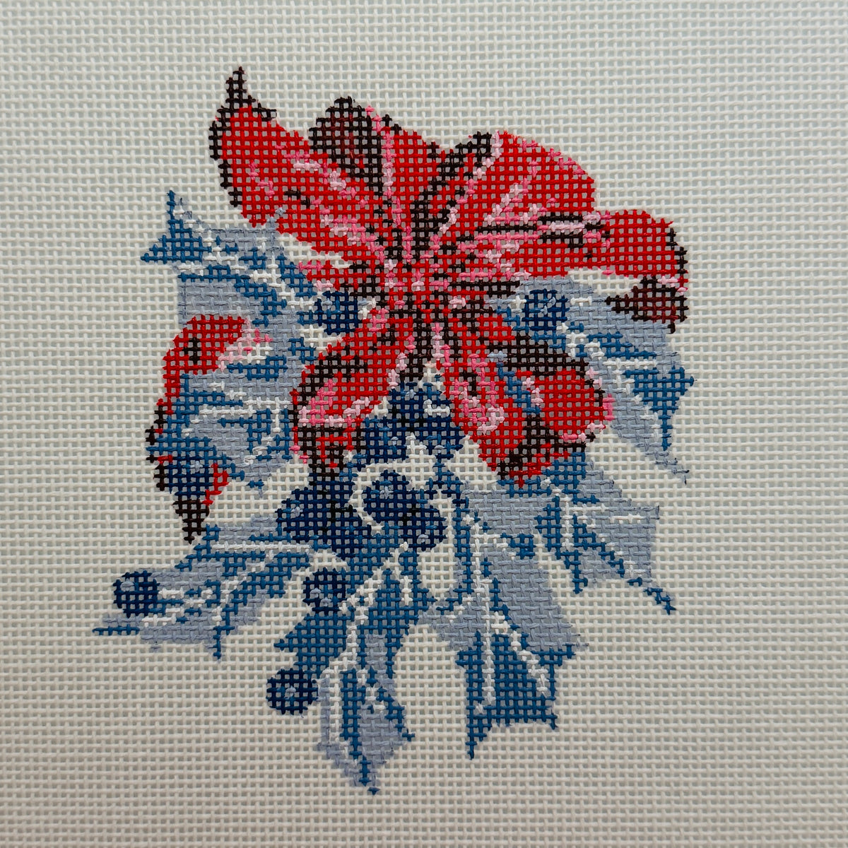 Blue Holly with Red Bow Needlepoint Canvas