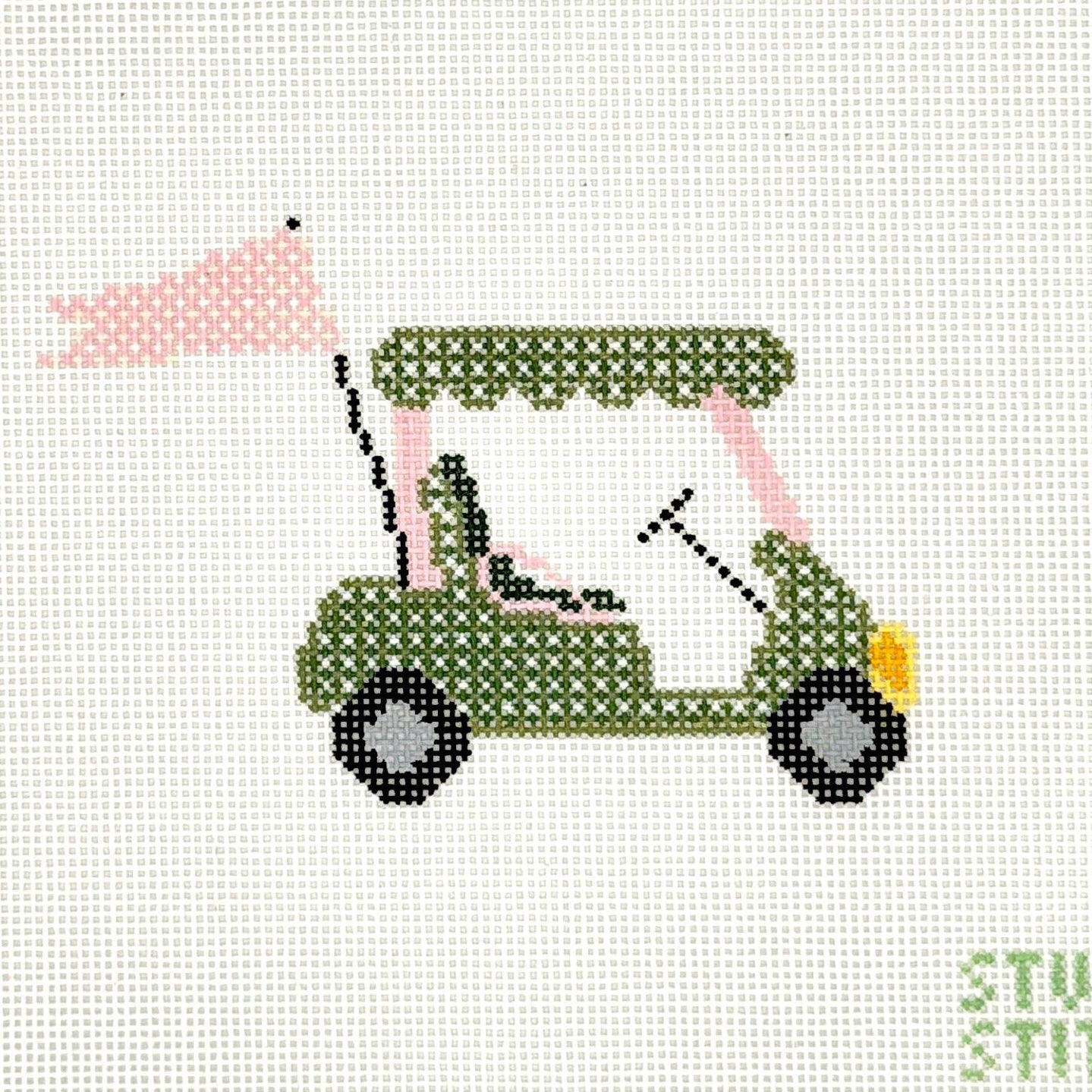 Pink and Green Golf Cart Needlepoint Canvas
