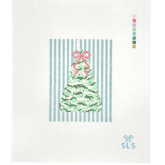 Pastel Christmas Tree with Blue Stripes Needlepoint Canvas