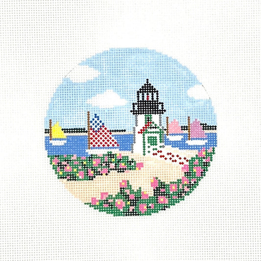 Summer Brandt Point Lighthouse Round Needlepoint Canvas