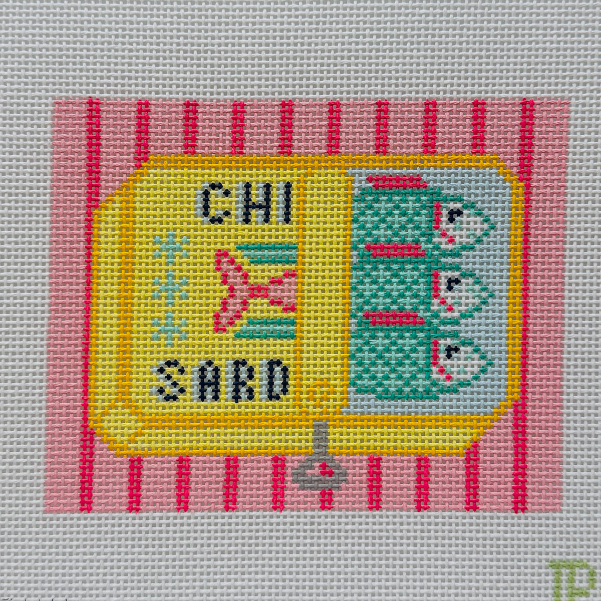 Large Yellow Sardine Tin with Pink Stripes Needlepoint Canvas