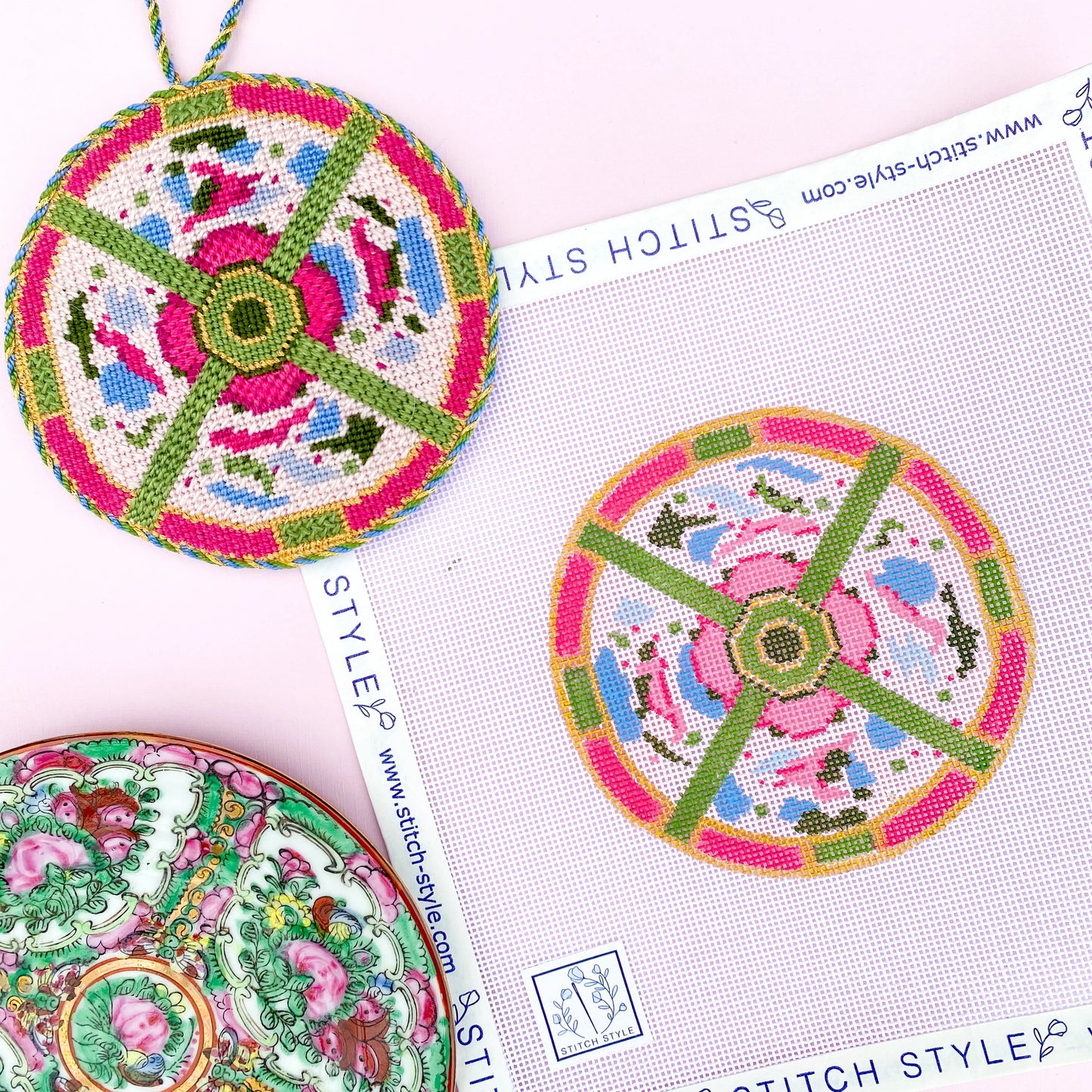 Famille Rose Plate Round Needlepoint Canvas & Stitch Guide