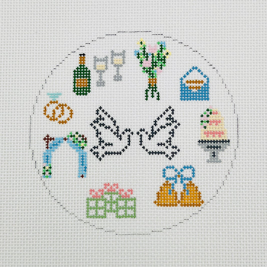 Kissing Doves & Wedding Motifs Round Needlepoint Canvas