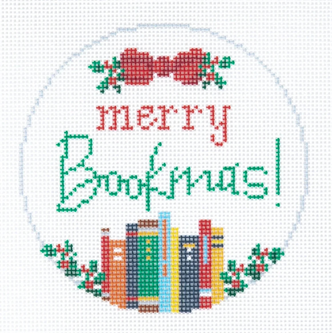 Merry Bookmas Round Needlepoint Canvas