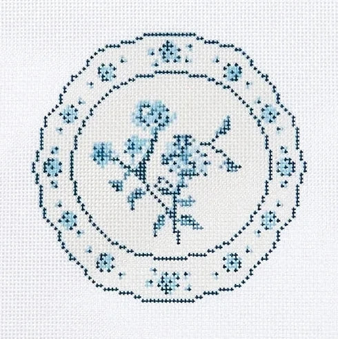 Blue China Floral Plate Needlepoint Canvas