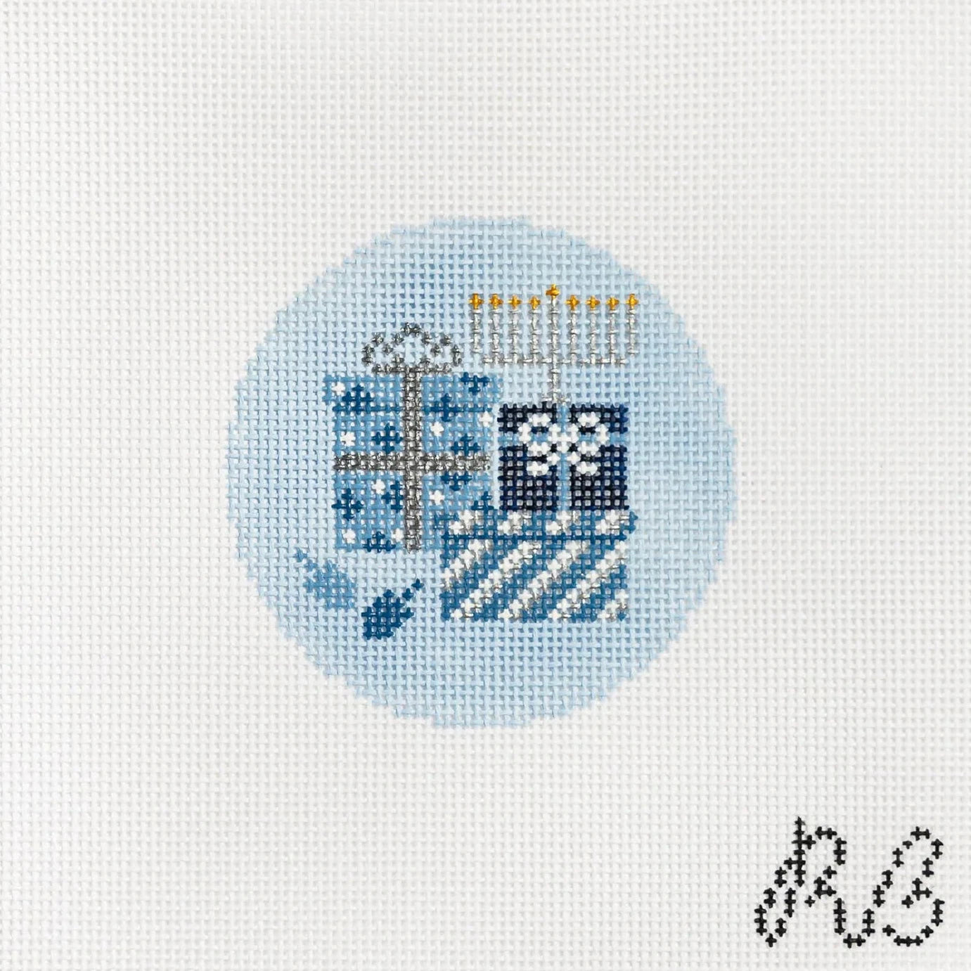 Blue Hanukkah Presents Round Needlepoint Canvas