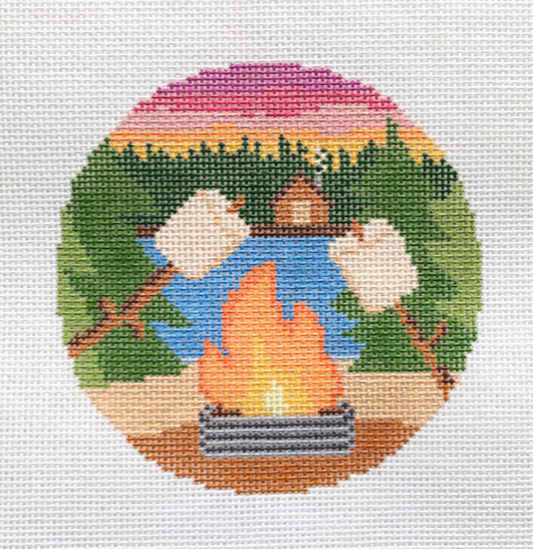 Campfire By The Lake Round Needlepoint Canvas
