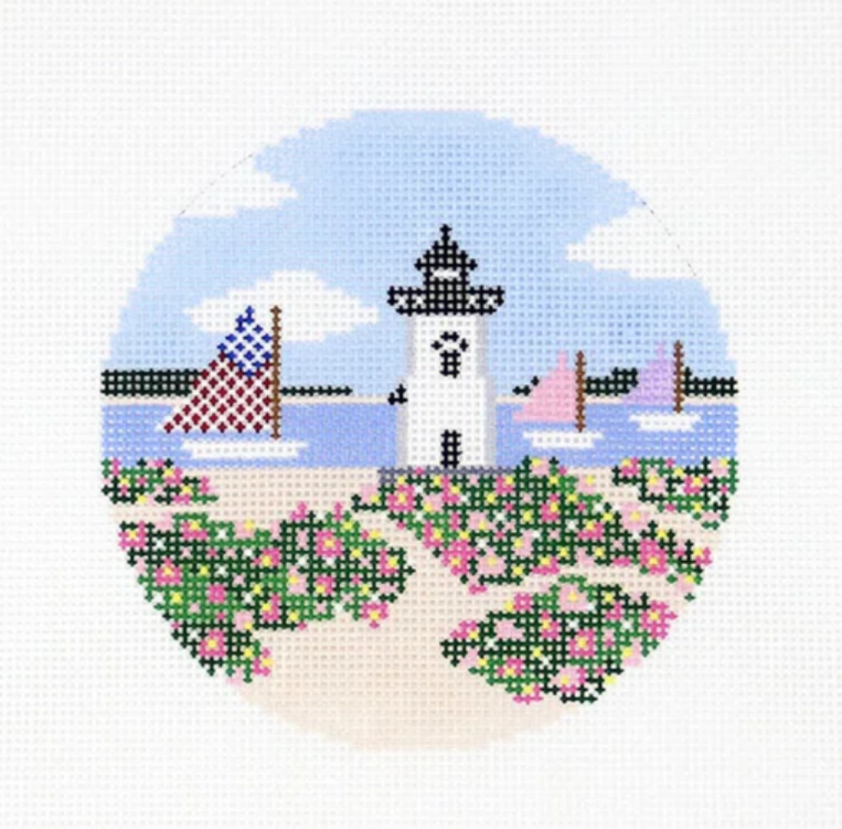 Summer Brandt Point Lighthouse Round Needlepoint Canvas