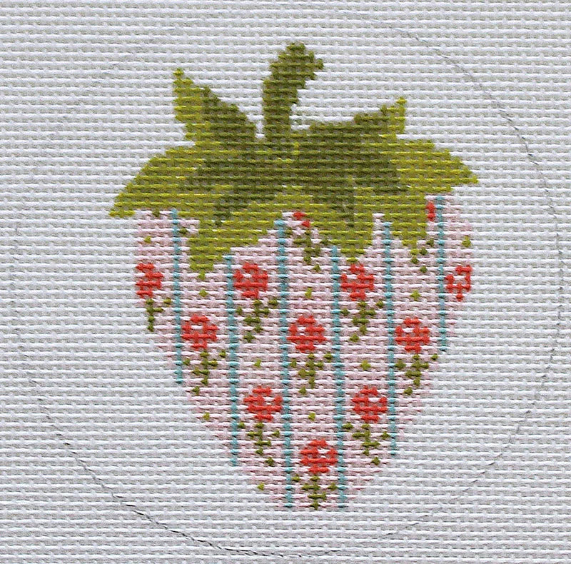 Strawberry with Pink Flowers and Stripes Round Needlepoint Canvas