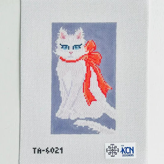 White Cat with Orange Bow Bookend Needlepoint Canvas