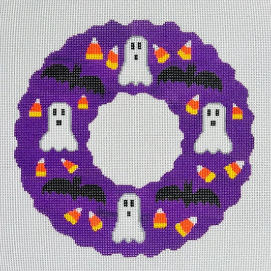 Large Ghost and Bat Halloween Wreath Needlepoint Canvas