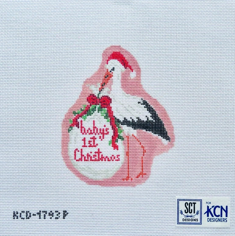 Pink Baby's First Christmas Stork Needlepoint Canvas