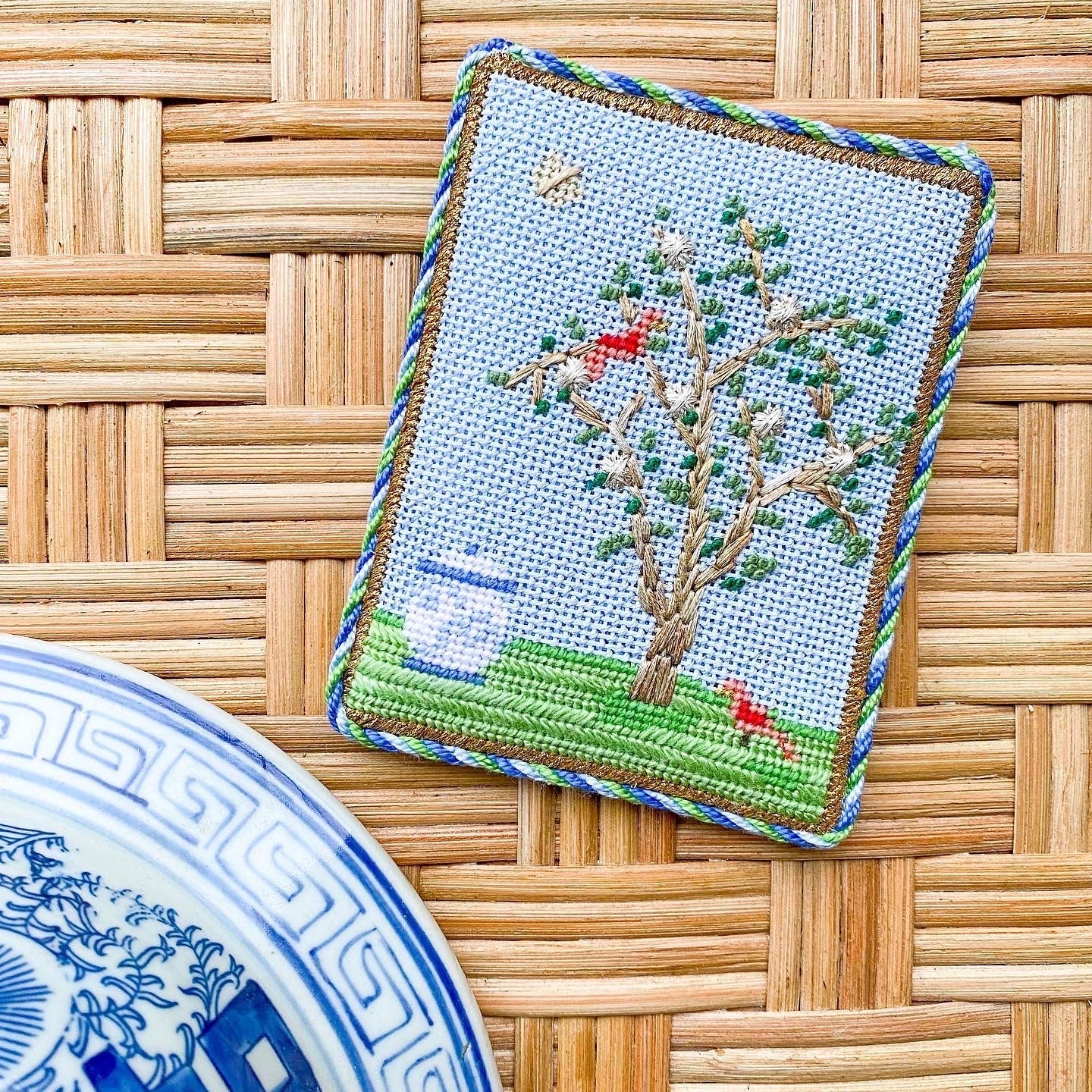 Blue Chinoiserie Silk Screen Needlepoint Canvas & Stitch Guide