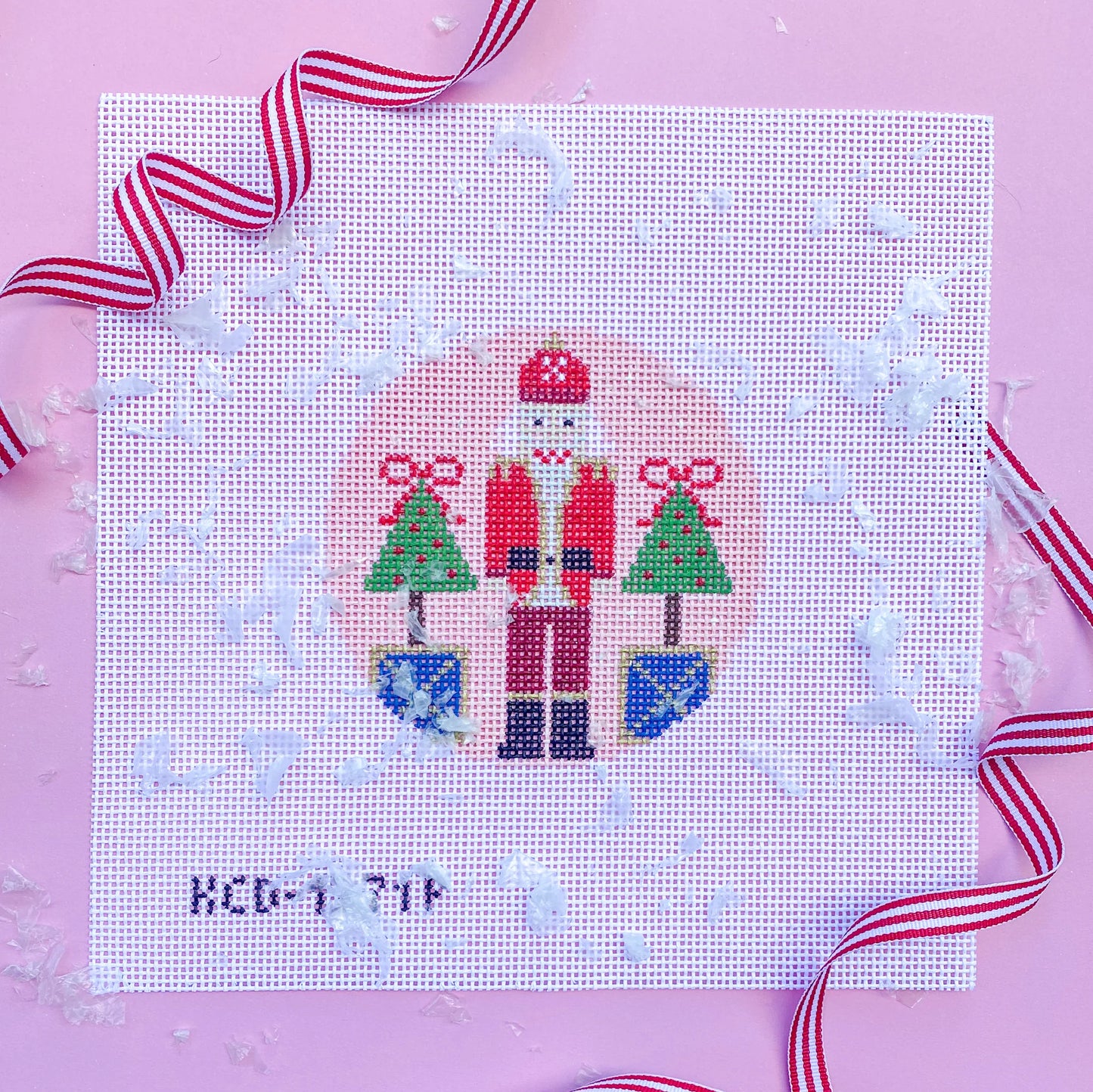 Pink Santa Nutcracker Round Needlepoint Canvas