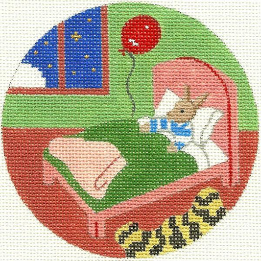 Bunny in Bed Goodnight Moon Round Needlepoint Canvas