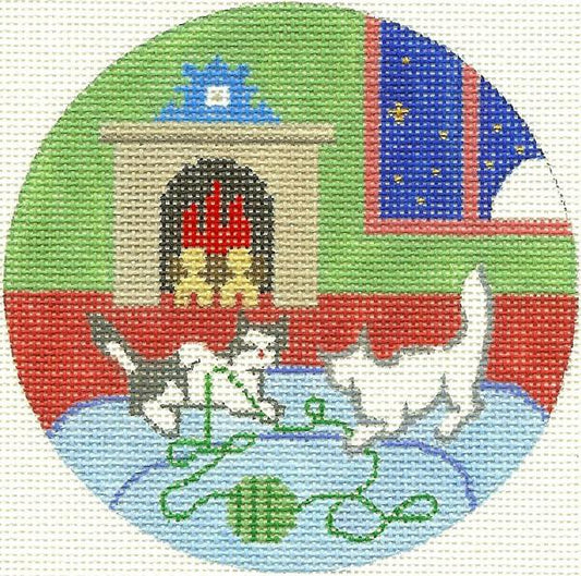 Kittens with Yarn Goodnight Moon Round Needlepoint Canvas