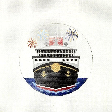 Cruise Ship with Fireworks Round Needlepoint Canvas