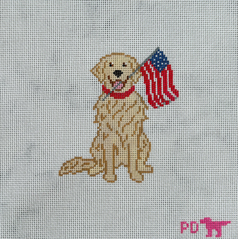 Golden Retriever with Flag Needlepoint Canvas