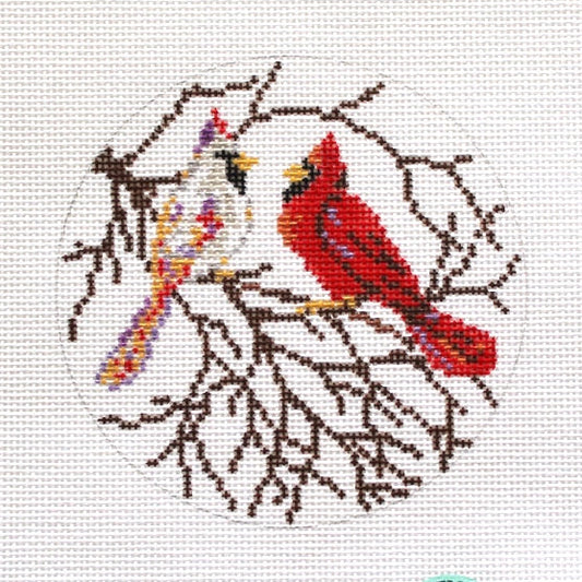Snowy Cardinals Round Needlepoint Canvas