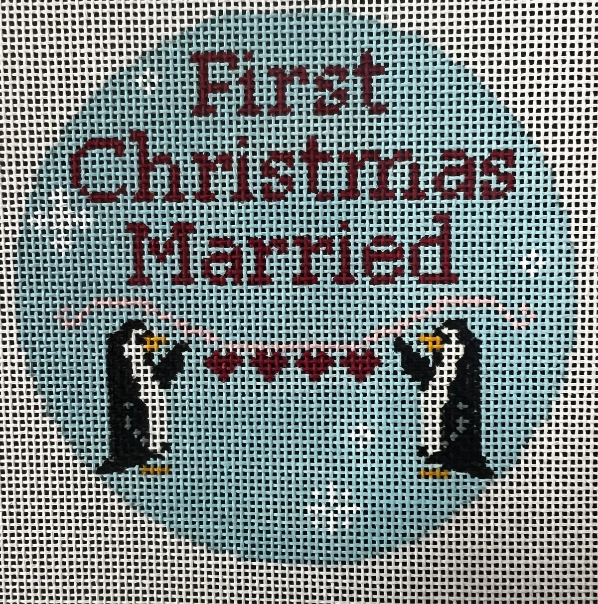 First Christmas Married Penguins Round Needlepoint Canvas