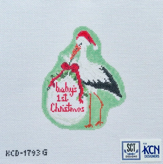 Green Baby's First Christmas Stork Needlepoint Canvas
