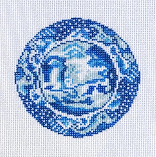 Blue Spode Round Plate Needlepoint Canvas