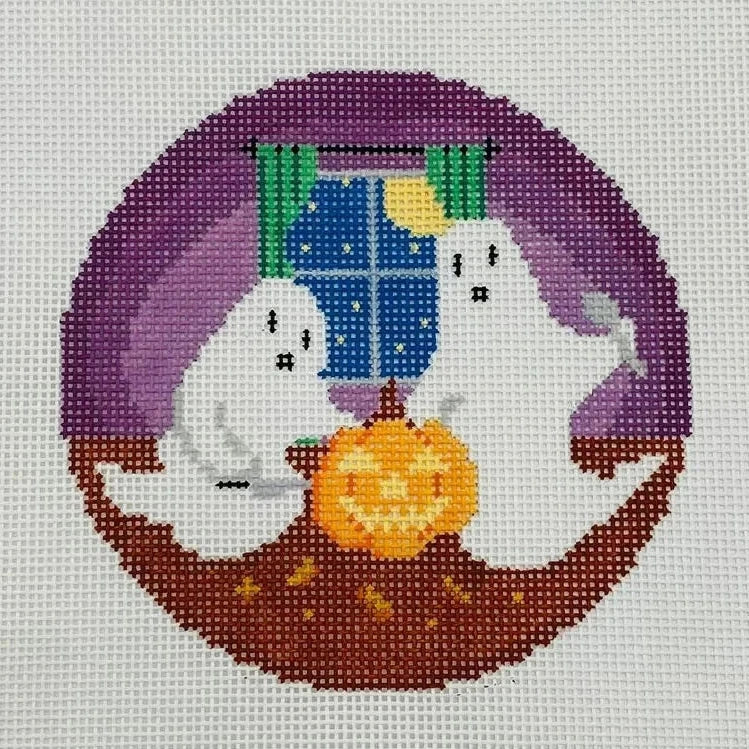 Ghosts Carving Pumpkins Round Needlepoint Canvas