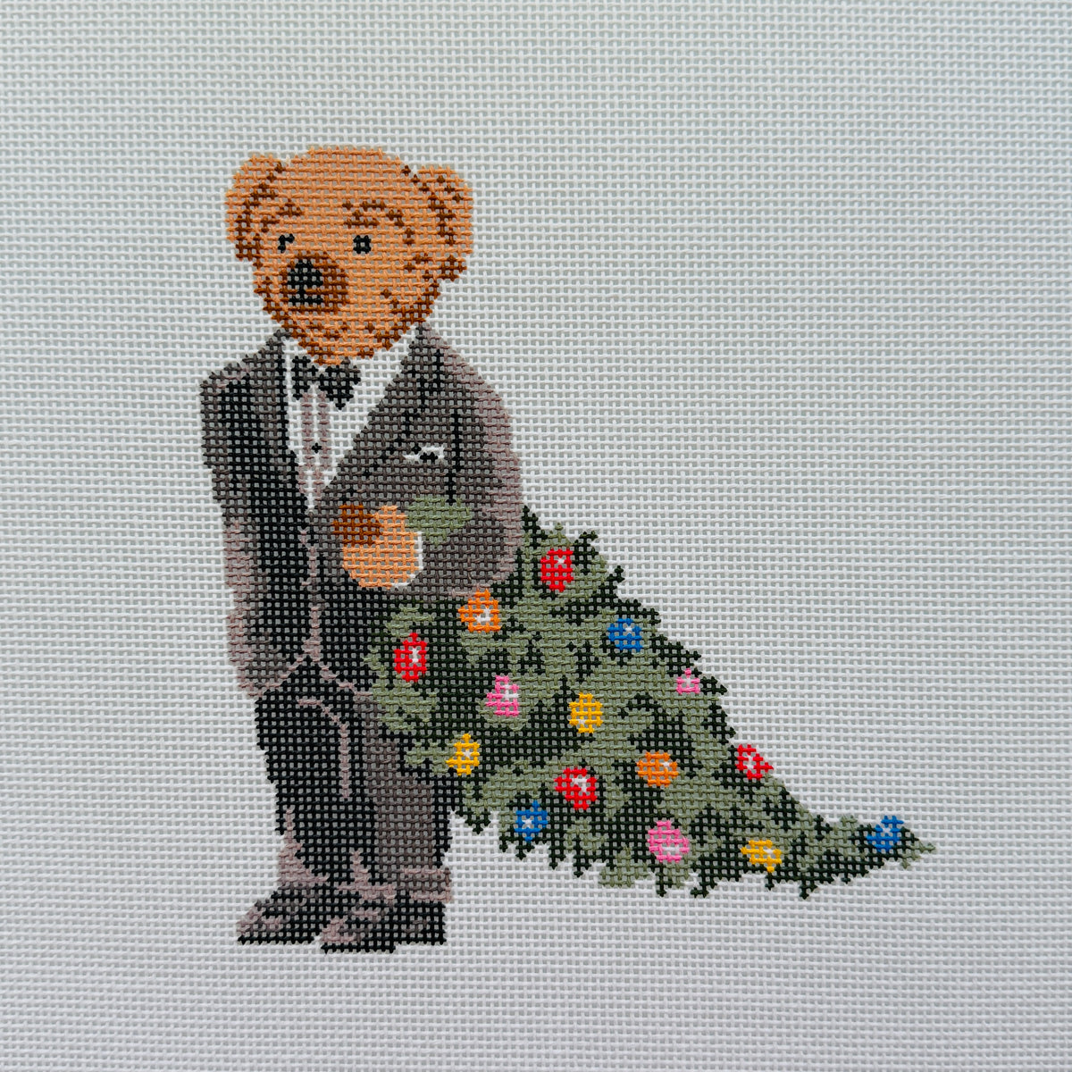 Tuxedo Bear Dragging Tree Needlepoint Canvas