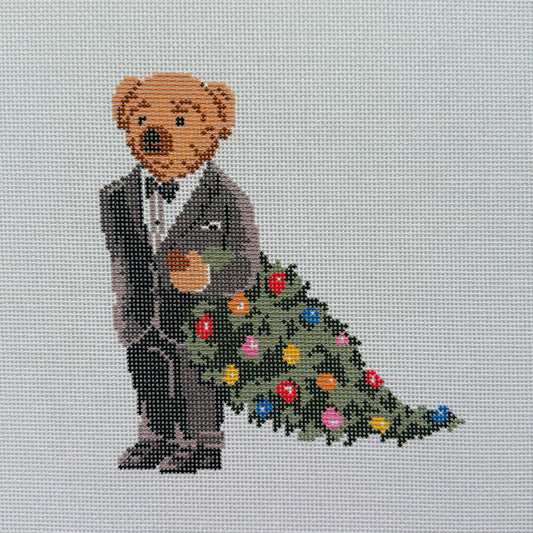 Tuxedo Bear Dragging Tree Needlepoint Canvas