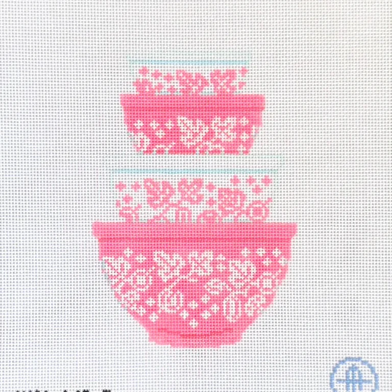 Vintage Mixing Bowls - Gooseberry Print Pink Needlepoint Canvas