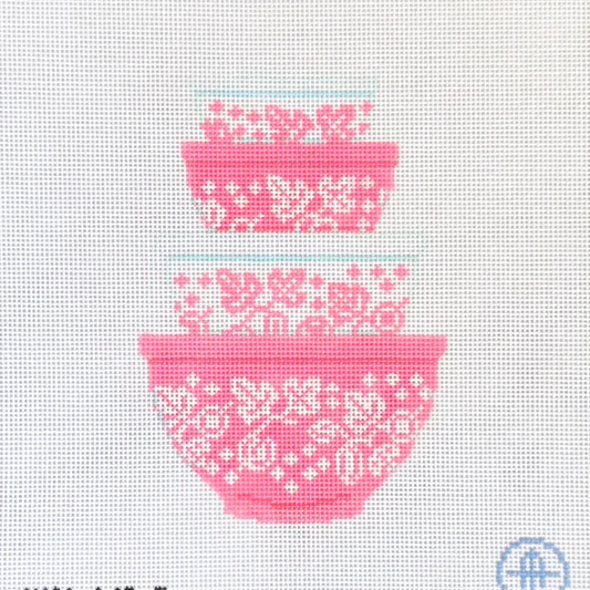 Vintage Mixing Bowls - Gooseberry Print Pink Needlepoint Canvas