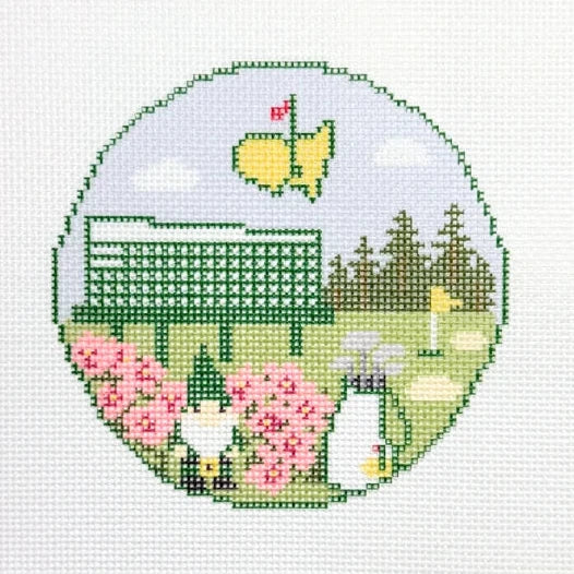 Azaleas & the Gnome Round Needlepoint Canvas