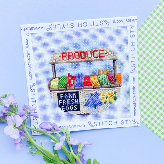 Farmer's Market Produce Stand Round Needlepoint Canvas & Stitch Guide