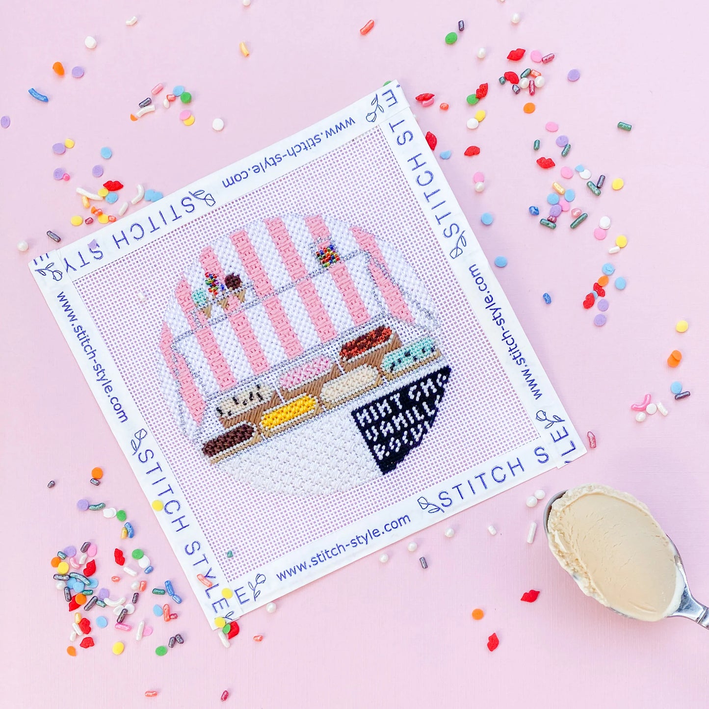 Ice Cream Shop Round Needlepoint Canvas & Stitch Guide
