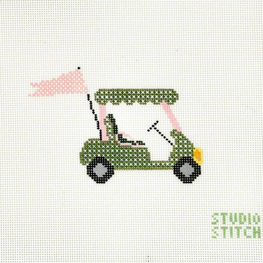 Pink and Green Golf Cart Needlepoint Canvas