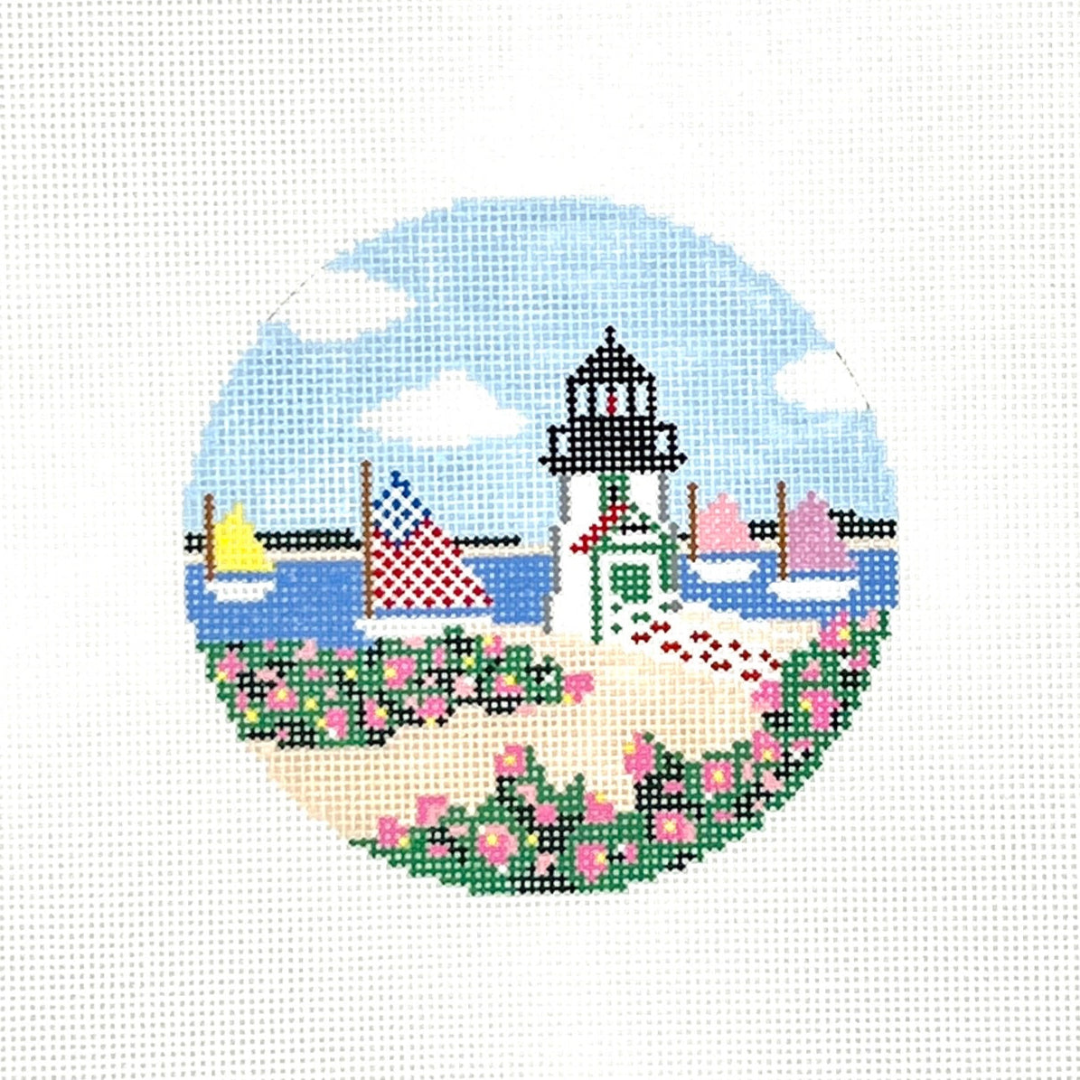 Summer Brandt Point Lighthouse Round Needlepoint Canvas