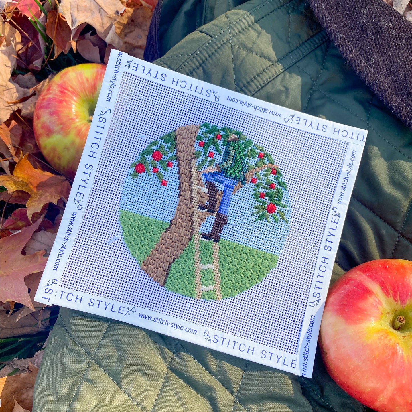 Apple Picking Round Needlepoint Canvas & Stitch Guide