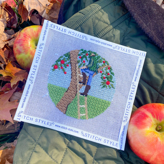 Apple Picking Round Needlepoint Canvas & Stitch Guide