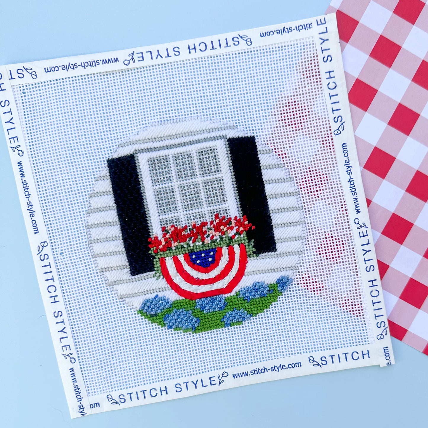 Patriotic Window with Bunting Round Needlepoint Canvas & Stitch Guide