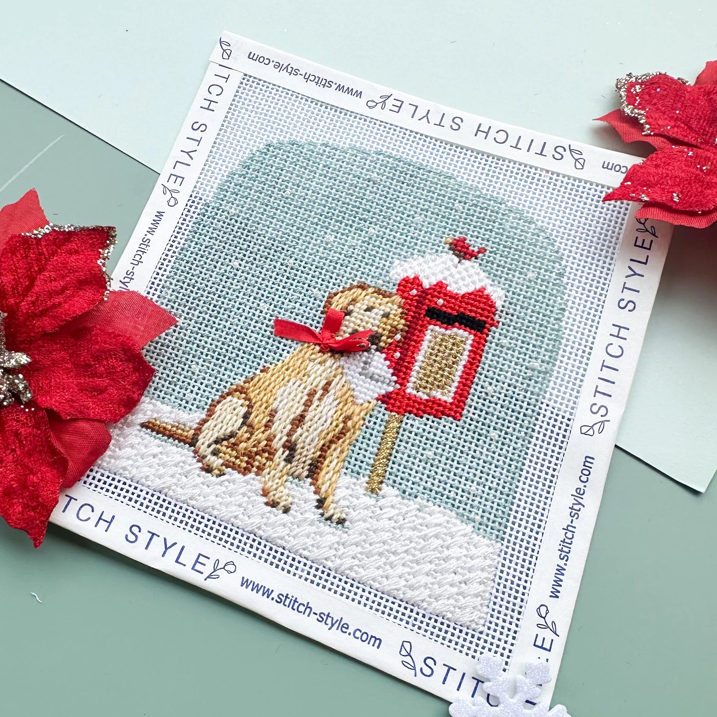 Winter Village Dog With Letter Needlepoint Canvas & Stitch Guide