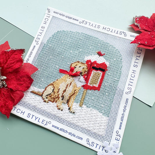 Winter Village Dog With Letter Needlepoint Canvas & Stitch Guide