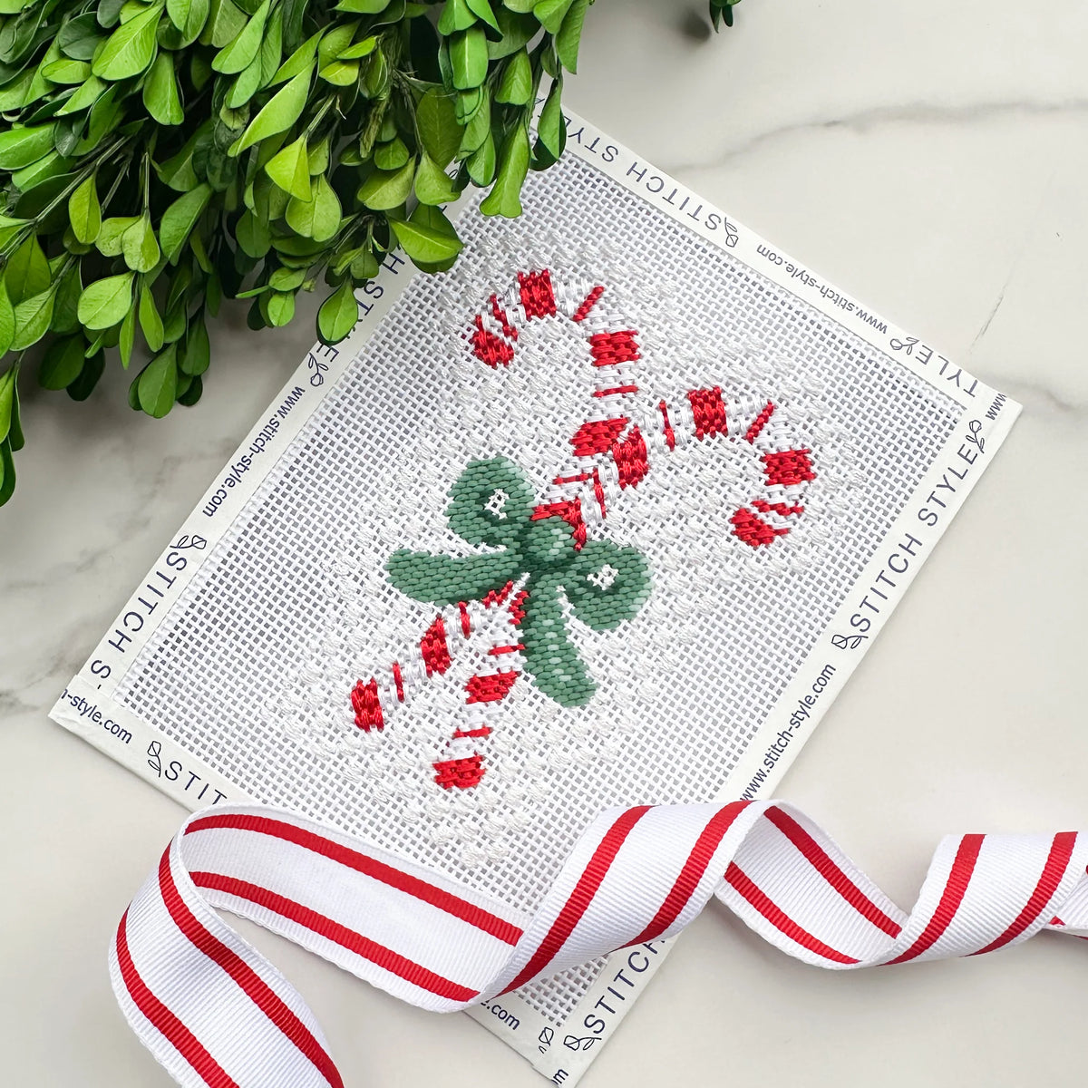 Candy Canes with Green Bow Needlepoint Canvas & Stitch Guide