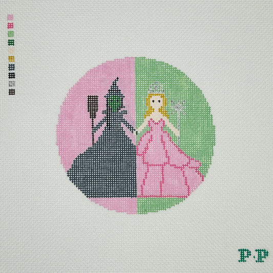 Pink and Green Witches Round Needlepoint Canvas