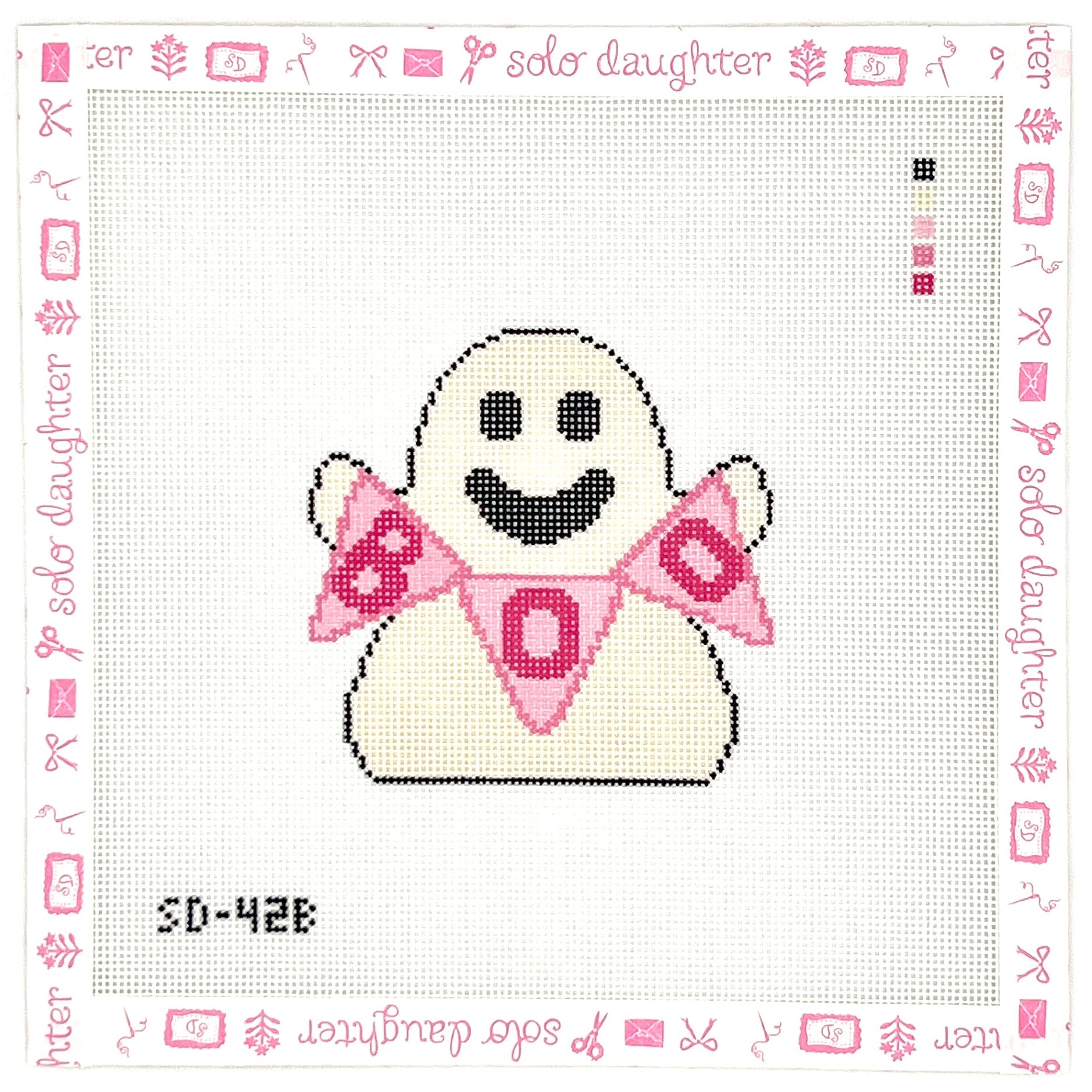 Ghost with Pink Boo Flag Sign Needlepoint Canvas – Solo Daughter Stitchery