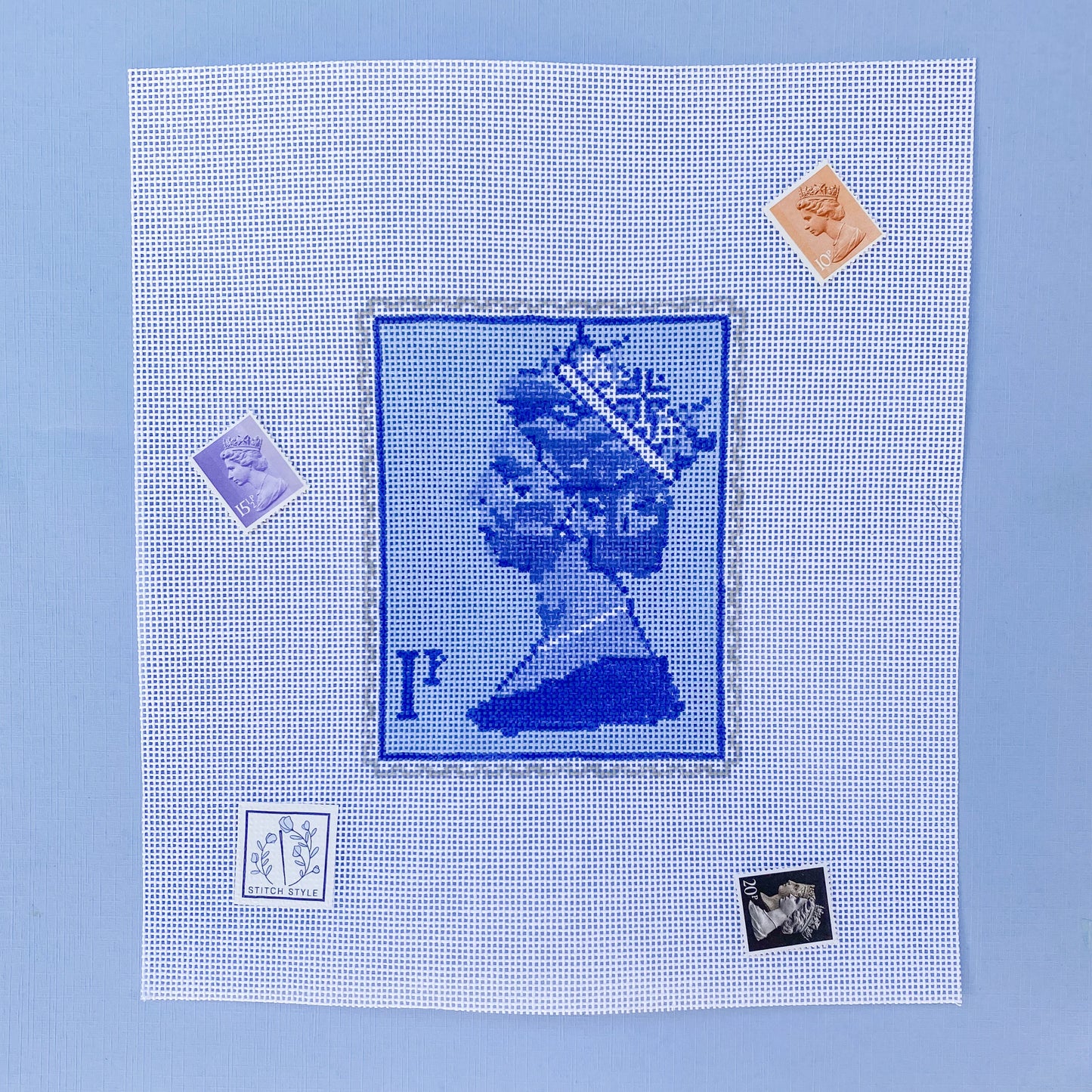 Blue Queen Elizabeth Stamp Needlepoint Canvas & Stitch Guide