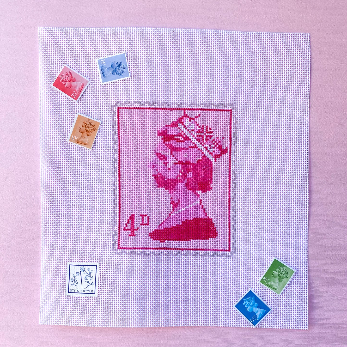 Pink Queen Elizabeth Stamp Needlepoint Canvas & Stitch Guide