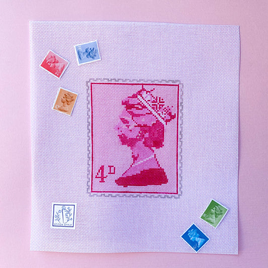Pink Queen Elizabeth Stamp Needlepoint Canvas & Stitch Guide
