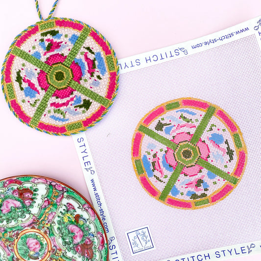 Famille Rose Plate Round Needlepoint Canvas & Stitch Guide