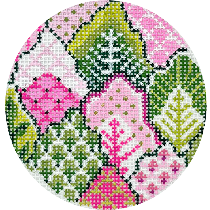 Pink and Green Turkish Leaf Round Needlepoint Canvas